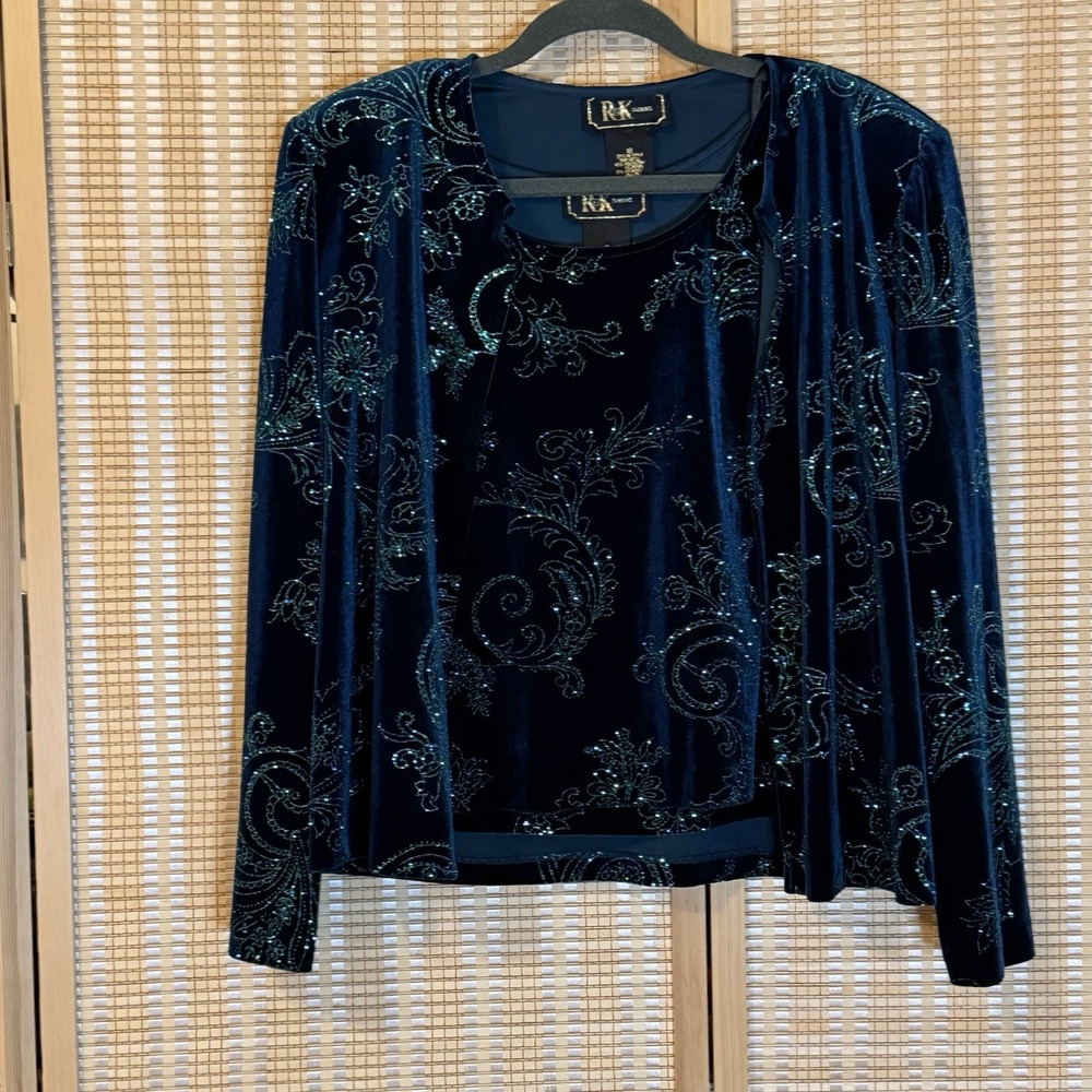 R&K Evening Womens 12 2pc Tank and Jacket Set Teal Sparkling Y2K Party Boho